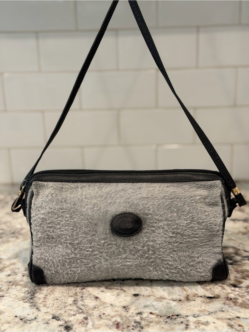 Gucci Gray Fur Shoulder Bag with Black Trim